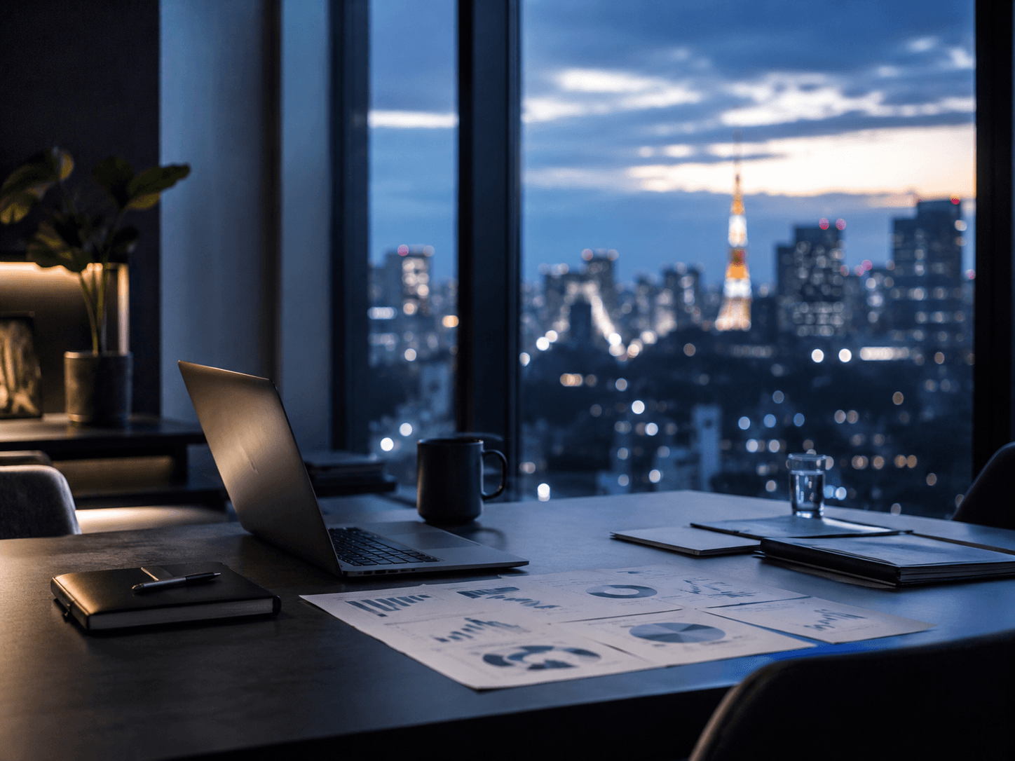 夕景の東京を背景に、机上のノートPCとレポート資料